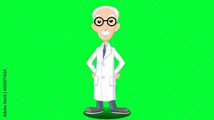 cartoon scientist talking and explaining background and 2d animation, Cartoon character, teacher talking, expressions, Education, professor giving message, green screen