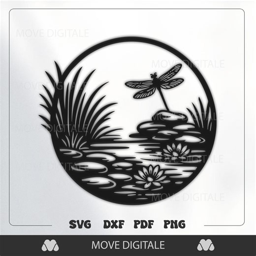 Dragonfly Pond Silhouette Wall Art SVG - Nature Lake Scene Laser Cut File - Zen Garden Water Lily Decor - Etsy