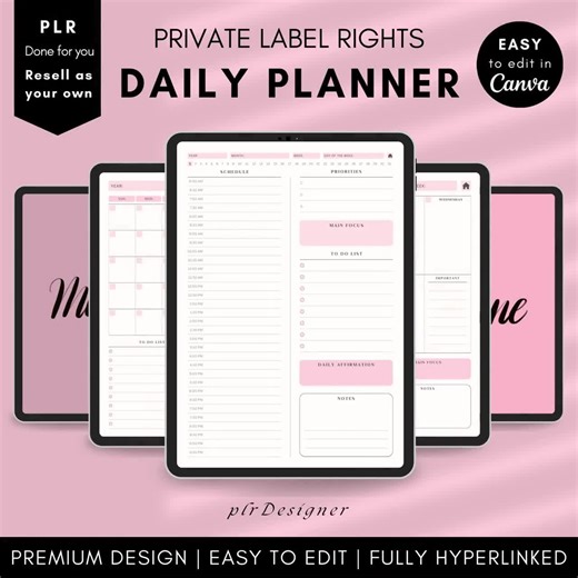 PLR Digital Daily Planner, Hyperlinked. PLR Daily Planner Undated. Premium Pink Daily PLR Canva Planner Template Resell Private Label Rights - Etsy