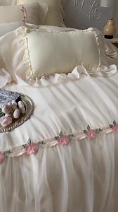 Handmade Cream Ruffle Bedding Set: Pink Floral Embroidered Cotton Duvet Cover - Etsy