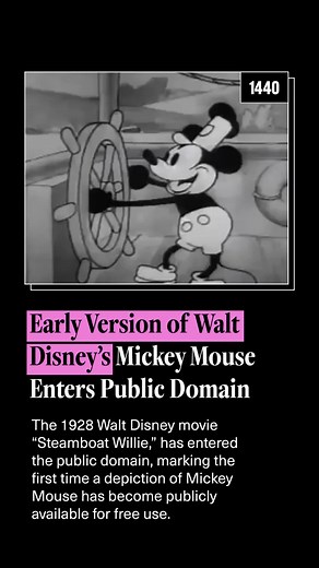 Walt Disney’s "Steamboat Willie" is now in the public domain. This marks the first time a depiction of Mickey Mouse has become publicly available. What does this mean? People can creatively reuse the Mickey Mouse from "Steamboat Willie." As of now, new versions of Mickey Mouse remain under copyright. Read the details surrounding this story in today’s newsletter at the #linkinbio. #WaltDisney #MickeyMouse #SteamboatWillie #DisneyCopyright #Disney #Join1440 | 1440