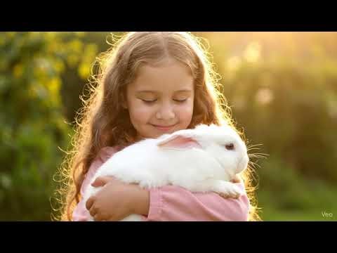 A cute girl kissing rabbit