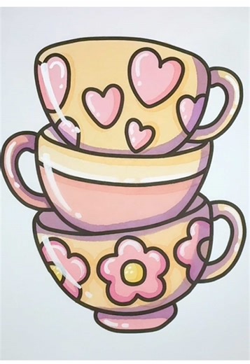 Stack of cups.. ☕️💕 ✨Coloringbook: cozy kitchen by @coloredcaramelcoloring 🩷 #adultcoloringbook #colortok #ohuhumarkers #satisfying #art #bold #easy #cute #Love #slippers #fypシ゚viral
