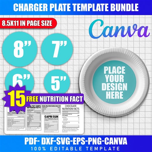 4x Editable Charger Plate Template Bundle | Paper Plate Circle Insert Canva Templates | Party Favor Decor Digital - Etsy
