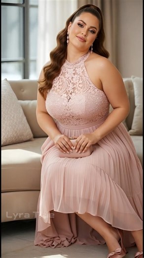 Pink Lace Halter Neck Gown with Ruffled Hi-Lo Skirt | Plus Size Evening Elegance #shorts #OOTD