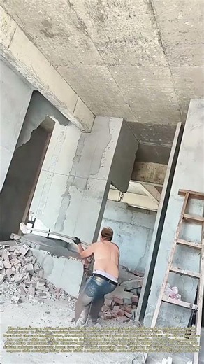 Controlled Demolition: Worker Breaks Joints To Collapse Unload Bearing Partition Wall