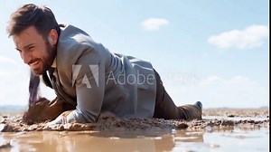 Businessman in Mud: A determined businessman in a suit struggles through mud, showcasing resilience and perseverance in the face of adversity.