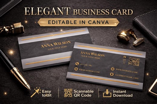 Elegant Black Gold Business Card Template | Canva Editable With QR Code | Digital Download - Etsy