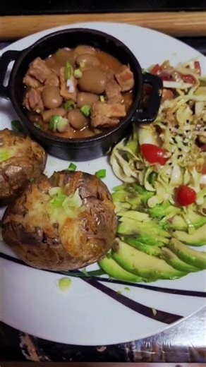 Cheese jacket potato,butter beans &chorizo stew with side salad