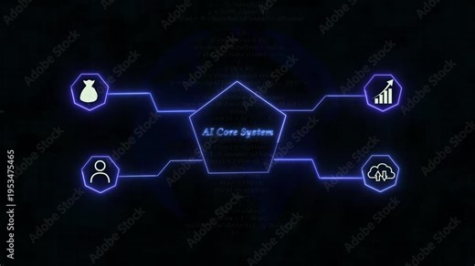 Ai core system integrating various data sources for analytics and cloud services. Ai core concept for modern digital platforms and analytics. Ai core animation for futuristic interfaces.