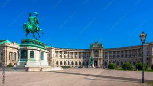 Vienna, Austria, Heldenplatz (Heroes' Square) is a public space in front of the Hofburg Palace with a statue of Prince Eugene of Savoy. Time lapse. Zoom out effect