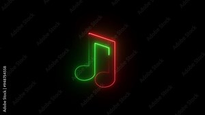 Glowing neon line musical note icon on black background. Music symbol neon color reveal and glowing loop effect animation ,neon glowing musical icon motion graphics.