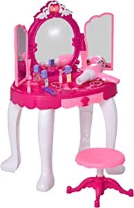 Qaba Infrared Remote Control Kids Vanity Set, Girls Pretend Dressing Table Set with Magic Wand, Music, Lightening, Cosmetic Mirror, Hair Dryer and Makeup Accessories