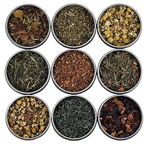 Heavenly Tea Leaves Assorted Tea Sampler, Loose Leaf Tea Sampler Gift Set, 9 Assorted Organic Loose Leaf Teas & Herbal Tisanes (Approx. 90 Servings) - Variety Pack, Assortment of High to No Caffeine