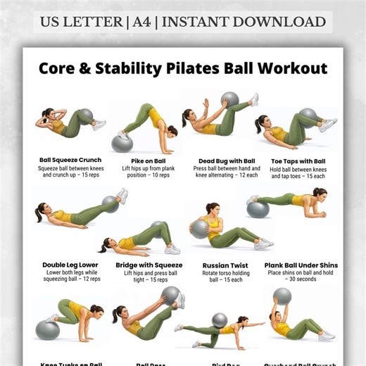 Core and Stability Pilates Ball Workout Printable PDF, Stability Ball Exercises Poster, Abs and Balance Training Routine for Home - Etsy UK