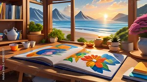A vibrant scene capturing a tropical beach view through a window, with an open sketchbook and colorful books on the windowsill.