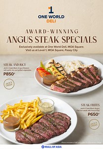 Head over to our Mall of Asia branch and taste our mouthwatering Jack's Creek Steak Specials! Indulge in the exquisite flavors of Australia with our succulent Striploin Steak with rice, and roasted vegetable for only P850.✨ Dine at One World Deli and don’t miss out on this delicious deal! One World Deli, MOA 📍 Level 1, MOA Square, Pasay 🕙 10am-10pm (M-Su) 📱 639178362535 | SM Mall of Asia Official