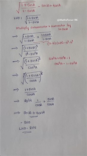 √[(1+sin A)/(1-sin A)] =sec A + tan A #trigonometryproblems#trigonometry#mathstricks #maths10thclass