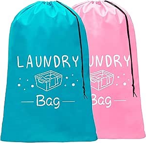 Sylfairy 2 Pack Extra Large Travel Laundry Bag, Dirty Clothes Organizer with Drawstring,Heavy Duty Travel Laundry Bags,Easy Fit a Laundry Hamper Travel Essentials (Pink+Blue, 24" x 36")
