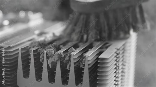 Close-up of a brush cleaning dust from a metal cooling fin array, a vital component for thermal management in electronics.