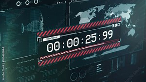 Security breach, countdown, red warning text on screen, satellite hacking. Emergency alert message on screen, satellite information, explosion, missile launch countdown