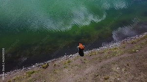 Free Range Cattle Cow Grazing Freely Along Lake Pasture, Drinking Water | Birds Eye, Grass Fed Beef Agriculture Farming Livestock ,Cattle Ranching | Migrating Roaming Freely, Ethical Farming | 1 of 12