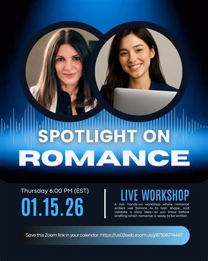 Paula Judith Johnson on Instagram: "✨ Happening today! ✨ Join us for a live, hands-on Spotlight on Romance workshop with Ana Del Valle and Simone AI as we shape and test romance story ideas in real time. 📅 Today – January 15 ⏰ 6:00 PM EST 🔗 Zoom link in my profile / bio (LinkedIn: contact info) Hope to see you later today! 💕 #writingtips #writingcommunity #authorcommunity #writingtools"