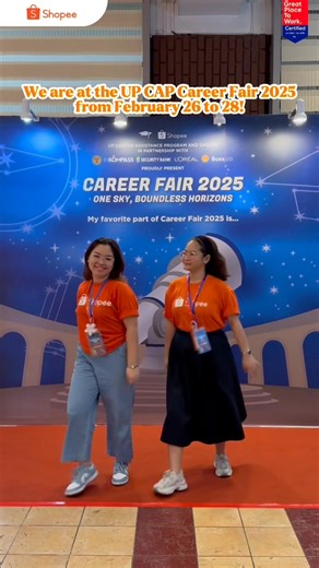 Whether you step into your career journey or step out of your limits, Shopee has a lot in store for you! 🤩 Thank you to all who joined us for the first day of UP Career Assistance Program - Career Fair 2025 🧡 We are still at the UP Bahay ng Alumni from February 27 to 28, 10 AM to 5 PM ✅ Learn more about our career opportunities and engage with our thrilling booth activities! See you there! 😄 #LifeAtShopee #ShopeePH #TeamShopee #CareerFair2025 | Shopee Careers