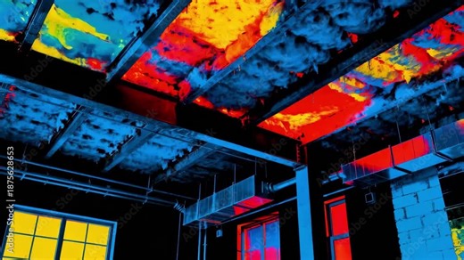 Infrared imagery captures ceiling heat patterns highlighting insulation failures in a medium shot of a building interior.
