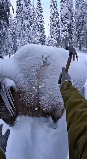 A bison stood trapped beneath thick ice ❄️🐃. The hammer man broke the frozen shell 🔨💥 and set it free. Grateful, the mighty bison lowered its head and gave the man a ride across the snowy plains.