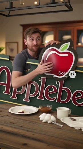 Man eating Applebee’s ￼ sign !￼ at home