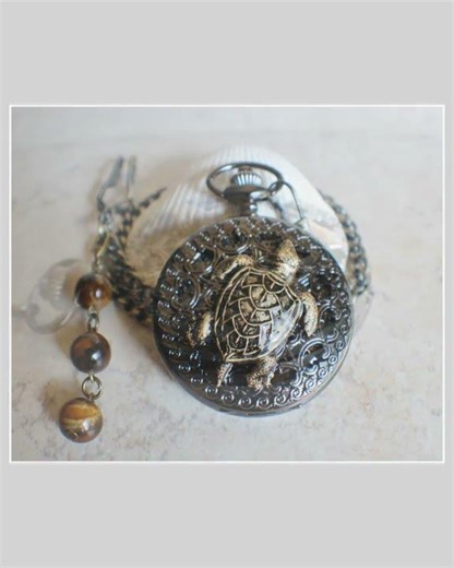 Sea turtle mechanical pocket watch in black