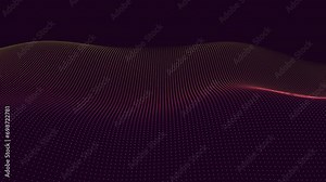 A dynamic 3D rendering of a wavy line with a gradient effect, creating movement and depth. Small dots lend an illusion of motion on a dark background