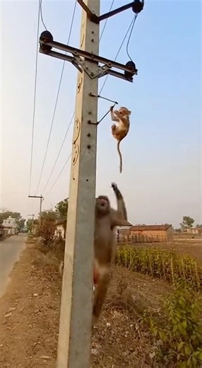 Baby Monkey Hanging From High Pole Screaming — Mother Monkey Rushes to Save Him!” 🐒❤️