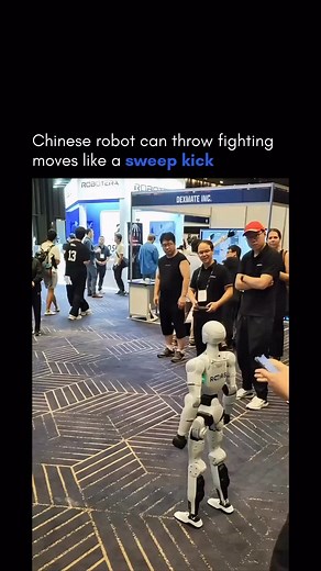 A Chinese robot can throw fighting moves like a sweep kick, left hook, and right hook. The robot uses motors and sensors to copy human martial arts movements. It practices the same moves over and over to get them right. Credits: Chinese robotics team | Furiouslytech