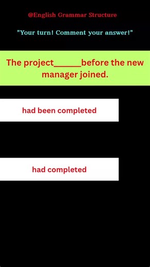 Past Perfect Passive Quiz ✔️✨ The project _____ before the new manager joined. options: had been completed had completed Do comment your answer! 👇 English grammar quiz | Master Past Perfect Passive with practical examples. Perfect for reels, English practice, and competitive exams. #englishgrammar #englishquiz #grammarreels #learnenglish #englishpractice #pastperfect #passivevoice #advancedenglish #competitiveexams #grammarfacts #englishlearning | English Grammar Structure