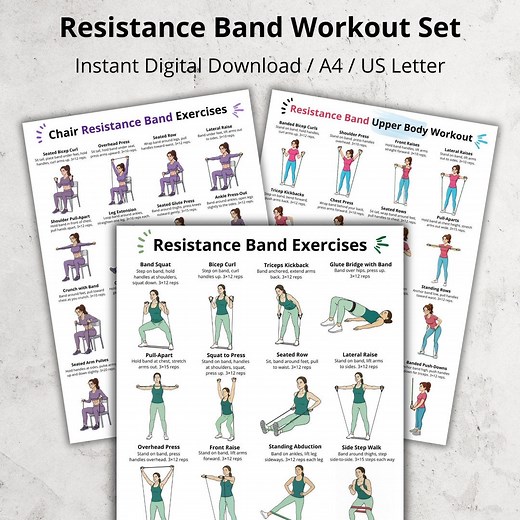 Resistance Band Workout Poster Set Printable - Full Body, Upper Body & Chair Exercises Charts, Home Workout With Resistance Bands PDF Bundle - Etsy