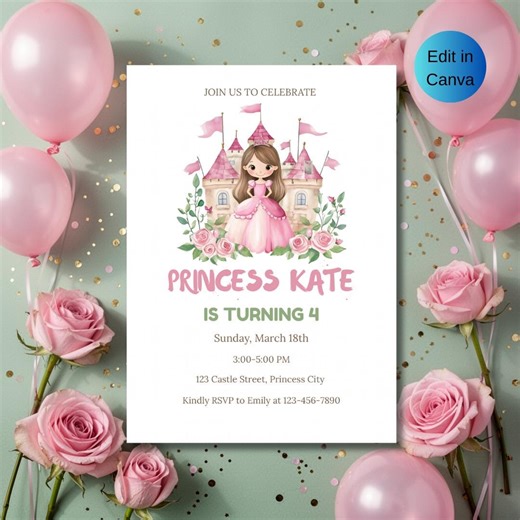 Princess Castle Birthday Invitation, Editable Canva Girl Party Invite (digital Download) - Etsy