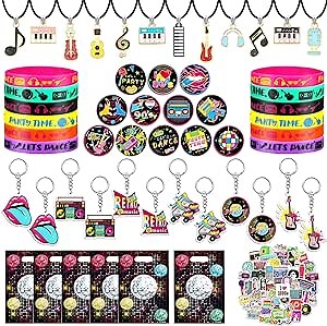 130 PCS 80s 90s Party Favors Back to 80s 90s Party Supplies with Button Pins Necklaces Stickers Rubber Bracelets for Retro Music Hip Hop Disco Born in the 80's 90’s Themed Party (style 1)