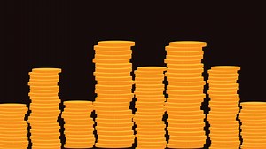 Download Coin falling stacked Raising of golden coins animation alpha channel. Money saving and investment Wealth growth economy. Stack of coins Dollar falling down graph. Coins Growth Chart Infographics. for free