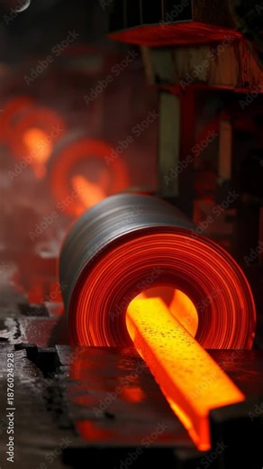 Red-hot metal slab feeds through glowing coils in a dark, active industrial rolling mill