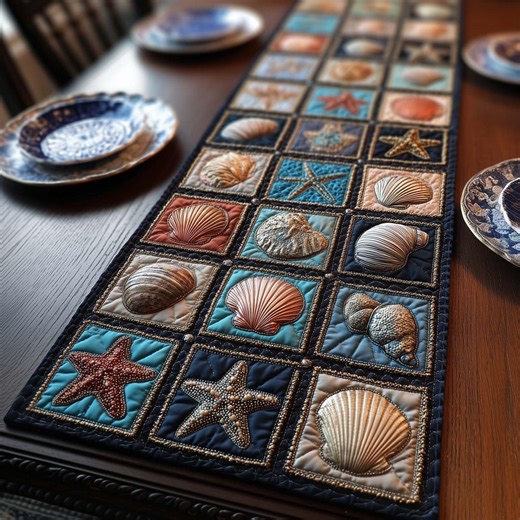 Coastal Seashell Table Runner, Beach House Table Decor, Ocean Starfish Shell Runner, Nautical Dining Table Decor, Quilted Style Print Runner - Etsy
