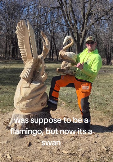 First Swan Chainsaw Carving by Young Artist