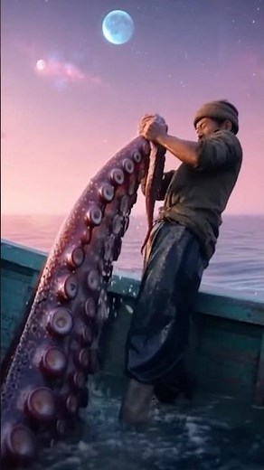 Fisherman Cooking Giant Squid On The Boat