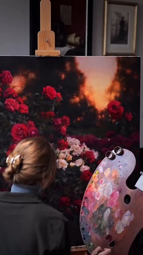 The painting in this video radiates timeless beauty, as the artist meticulously captures the vibrancy and depth of roses in full bloom. The interplay of light and shadow against a dramatic backdrop adds an ethereal touch to the composition. This piece showcases the artist's mastery over intricate details, creating a visual symphony of colors and textures. Truly, it’s a poetic homage to nature's elegance. Painting by @anhelina_holembivska #oilpainting #oil #oilpaintings #oiloncanvas #oilpaint | O