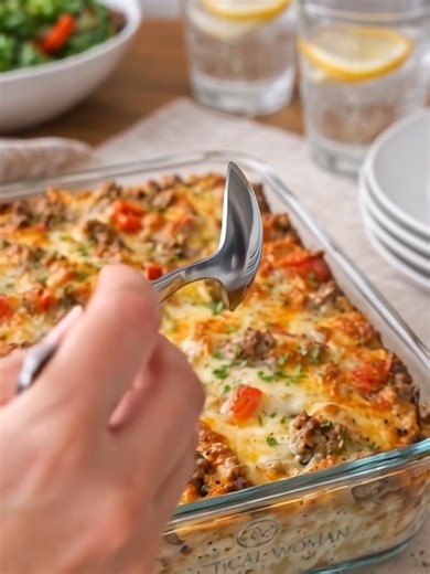 Philly Cheesesteak Casserole Recipe Ingredients: 1 ½ lb. Ground beef 2 Bell peppers chopped ½ Onion chopped 2 tsp. Minced garlic 1 tsp. Seasoned salt 8 Slices provolone cheese 4 Large Eggs ¼ C. Heavy whipping cream 2 tsp. Worcestershire sauce Directions: Preheat the oven to 350 degrees. In a skillet over medium-high heat on the stove, begin to brown the meat. When the meat is partially browned, add the onions and peppers to the skillet. Cook until the meat is completely browned and the vegetable