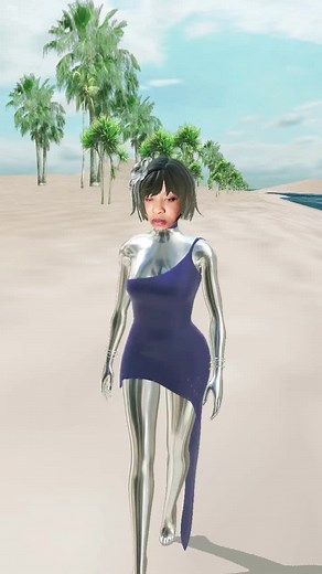 Stylish Metallic Bodysuit Walks on Tropical Beach