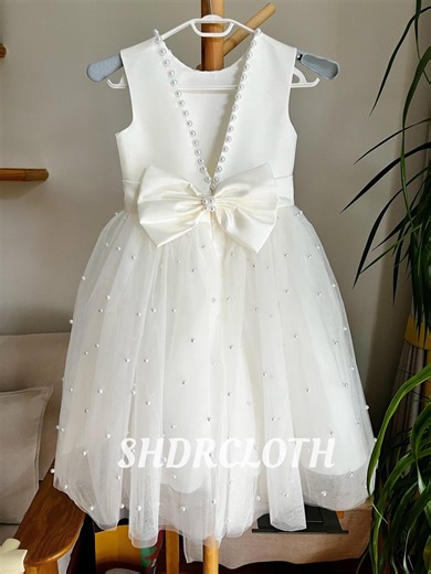Light Ivory Tulle Pearl Flower Girl Dress: V-back Communion Dress With Big Bow - Etsy