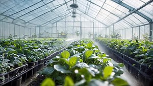 Modern greenhouse with automated irrigation misting system nurturing rows of green plants Stock Video
