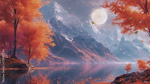 a picture of a fall landscape with trees mountain. seamless looping time-lapse animation video background